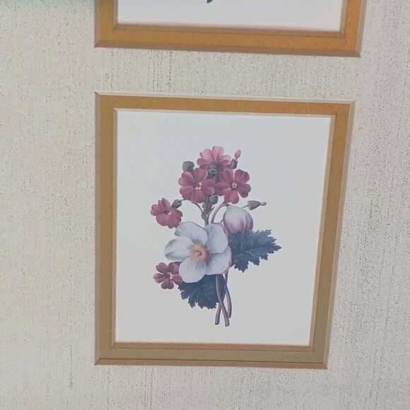 Vintage Flower Trio Prints Matted & Framed Beige Cream Background Gold Frame 15" - Picture 3 of 8